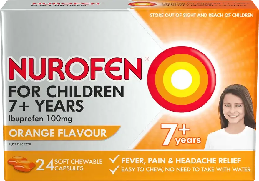 Nurofen Child 7+ Years Pain and Fever Relief Orange Flavour Chewable Capsules 24 Pack